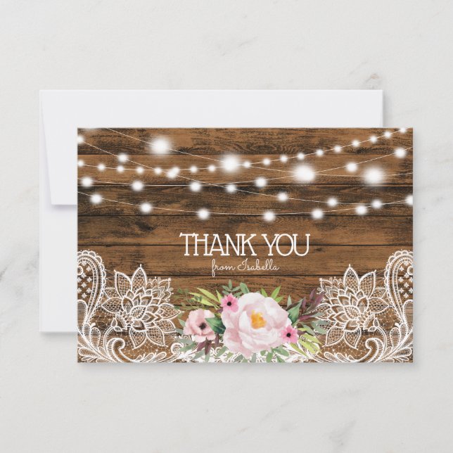 String Lights Wood Floral and Lace Thank You Card (Front)