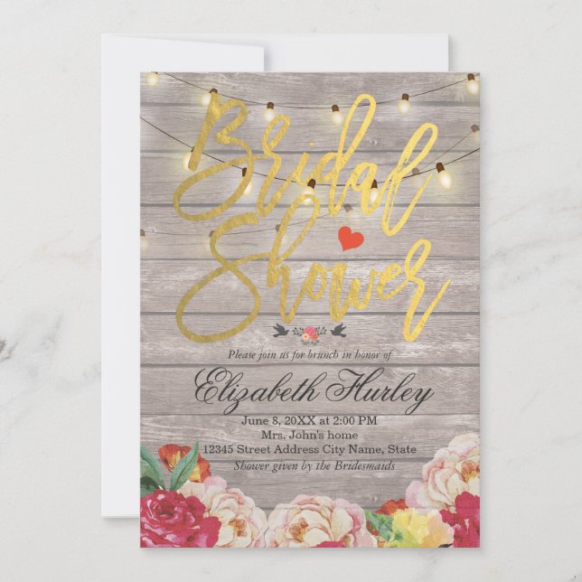 String Lights & Wood Floral Bridal Shower Wedding Invitation (Front)