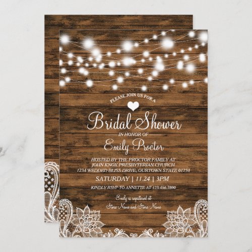 String Lights Wood  Lace Bridal Shower Invitation