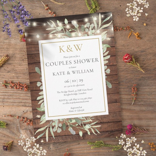 String Lights Wood Monogram Couples Shower Invitation (String Lights Wood Monogram Couples Shower Invitation)