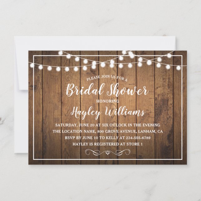 String Lights Wood Rustic Country Bridal Shower Invitation (Front)
