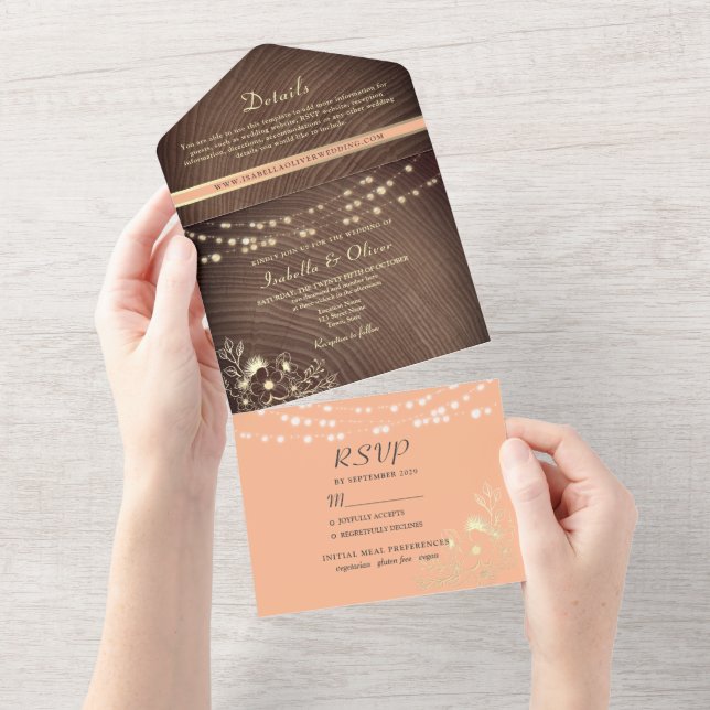 String Lights Wood Rustic Peach Wedding All In One Invitation (Tearaway)