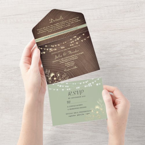 String Lights Wood Rustic Sage Green All In One Invitation