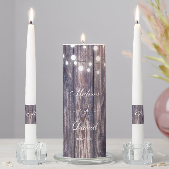 String Lights Wooden Background Wedding Unity Candle Set (In Situ)