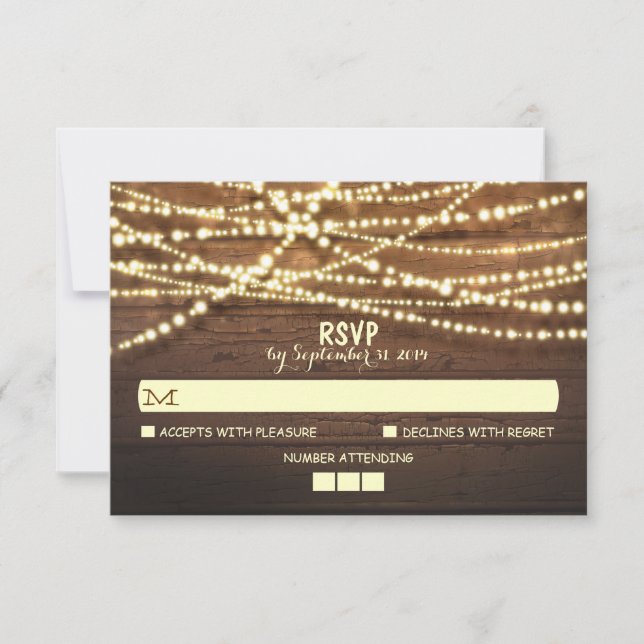 String Lights Wooden Rustic Wedding RSVP Card (Front)