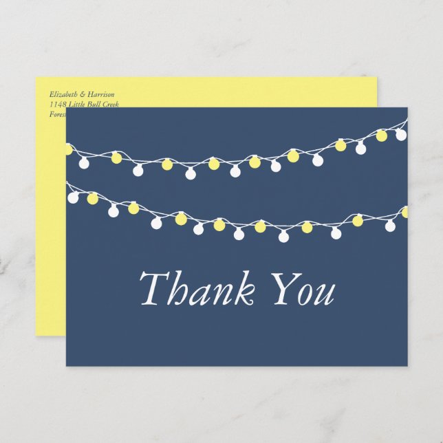 String Lights, Yellow & White Wedding Thank You Postcard (Front/Back)