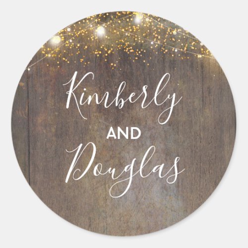 String of Lights and Rustic Wood Classic Round Sticker