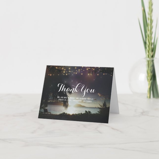 String of Lights Beach Sunset Wedding Thank You Card (Front)