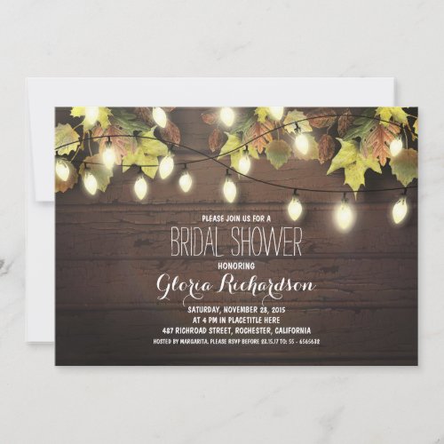 string of lights fall bridal shower invitation - Vintage rustic bridal shower invitations with strings of lights on the colorful autumn leaves branches. Cute stylish and wooden bridal shower invitation for rustic country bridal showers with a twinkle lights in fall. Please contact me if you need help with customization or have a custom color request. ---------- If you push CUSTOMIZE IT button you will be able to change the font style, color, size, move it etc. it will give you more options!  


 
