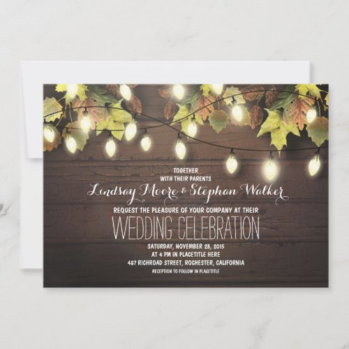 string of lights fall wedding invitation - Vintage wedding invitations with strings of lights on the colorful autumn leaves branches. Cute stylish and wooden wedding invitation for country weddings and garden weddings with a twinkle lights in fall. Please contact me if you need help with customization or have a custom color request. ---------- If you push CUSTOMIZE IT button you will be able to change the font style, color, size, move it etc. it will give you more options!


 
  


 
  


 
  


 
