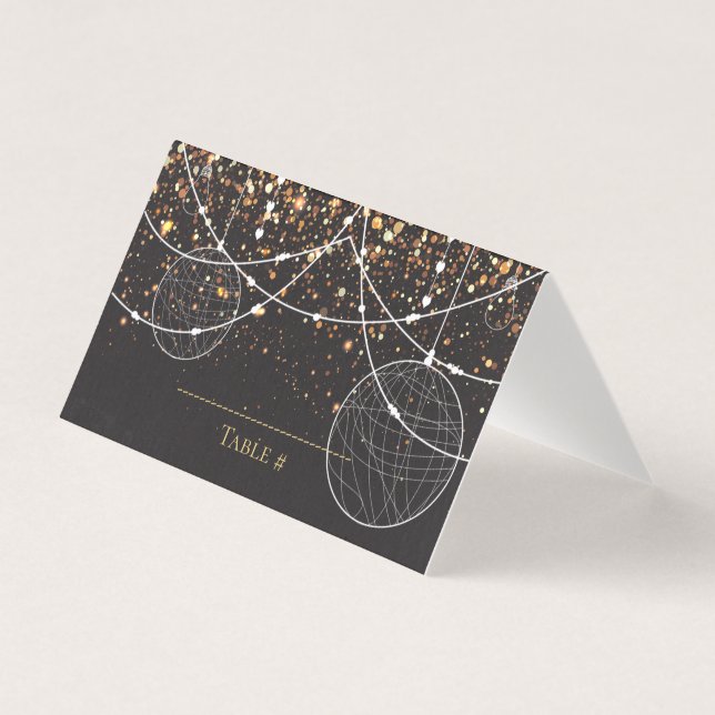 String of lights Gold confetti wedding place card (Front)