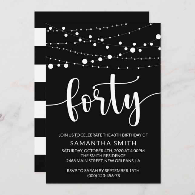 String Of Lights, Light Garland, 40th Birthday Invitation (Front/Back)