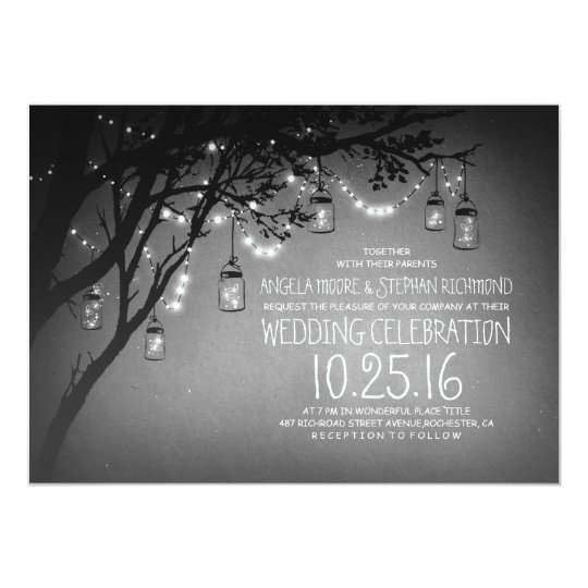 string of lights mason jars vintage wedding invitation