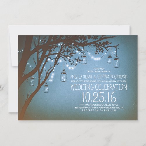 string of lights mason jars vintage wedding invitation