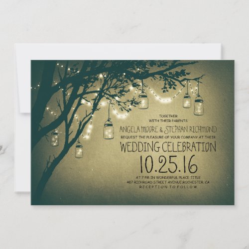 string of lights mason jars vintage wedding invitation