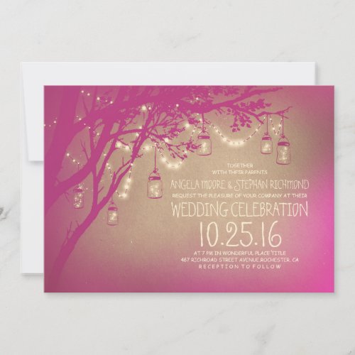 string of lights mason jars vintage wedding invitation