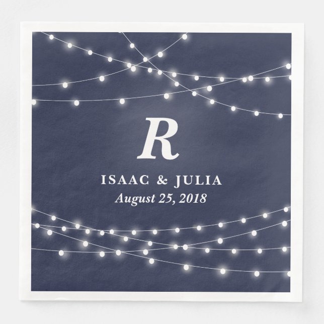 String of Lights Monogram Personalized Wedding Day Paper Dinner Napkins (Front)