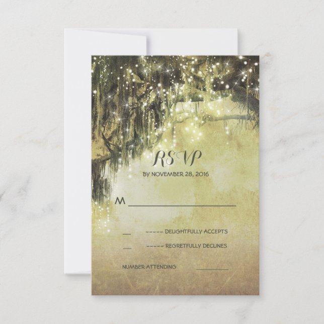 String of lights mossy tree rustic wedding RSVP Card (Front)