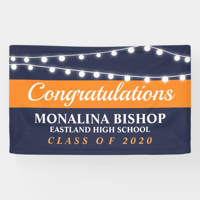 String Of Lights | Navy Blue Orange Class of 2020 Banner (Horizontal)