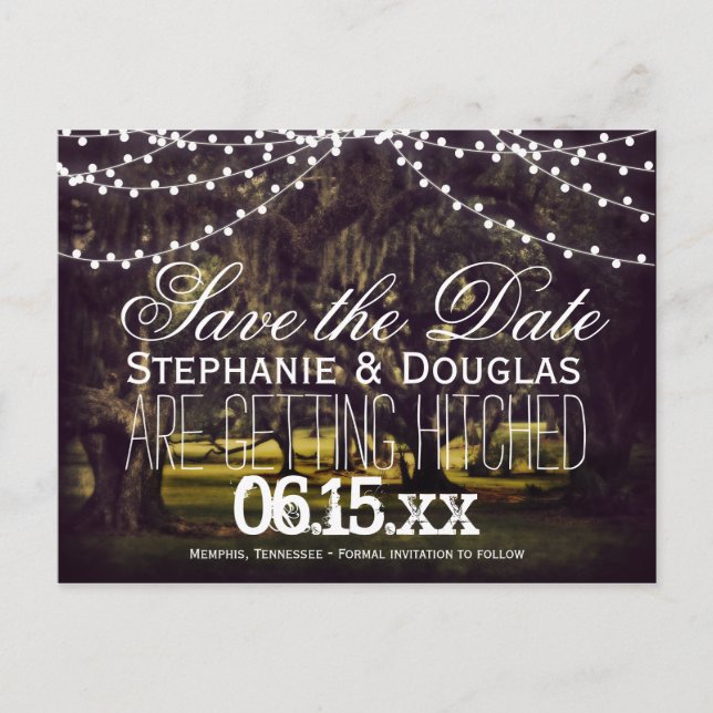 String of Lights Oak Tree Save the Date Postcards (Front)