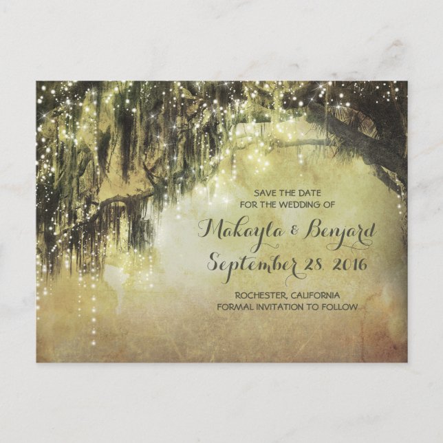 string of lights & old tree save the date postcard (Front)