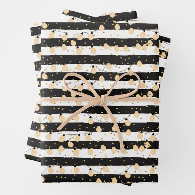 String of Lights on Black White Stripes Wrapping Paper Sheets (In situ)