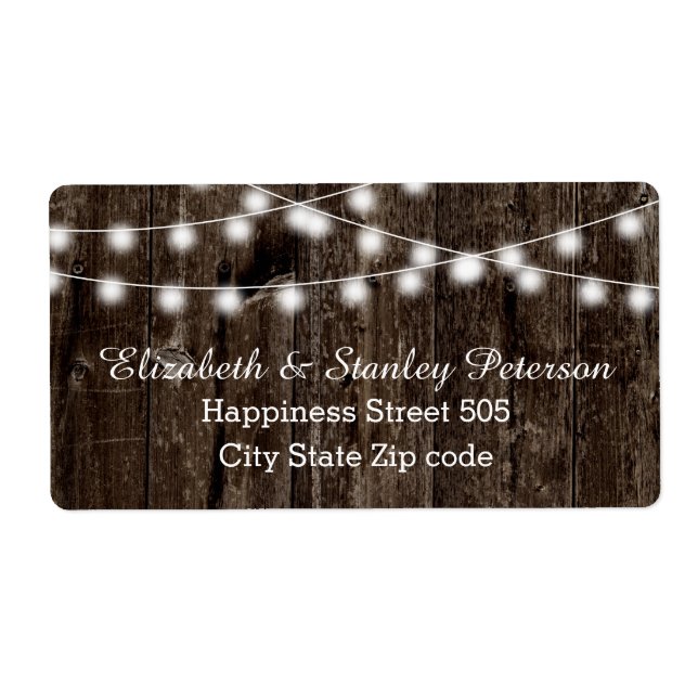 String of lights on old wood summer wedding label (Front)