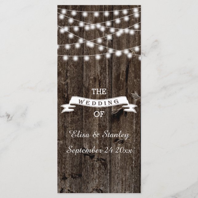 String of lights  on old wood wedding program (Front)