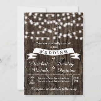String of lights on wood and banner summer wedding invitation