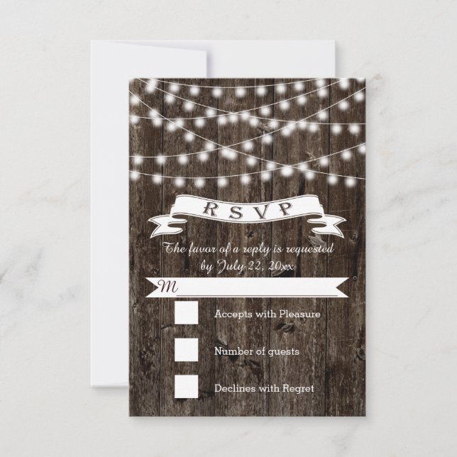 String of lights on wood and banner wedding RSVP (Front)