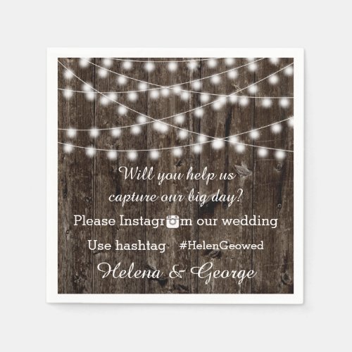 String of lights on wood  hashtag wedding paper napkins