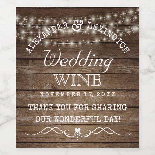 String Of Lights Rustic Country Wedding Bottle Of Wine Label