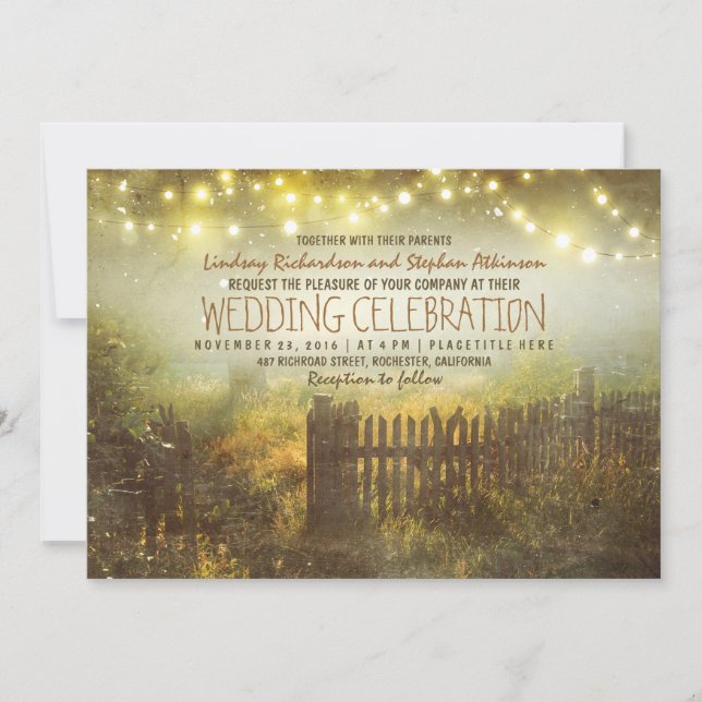 string of lights rustic country wedding invitation (Front)