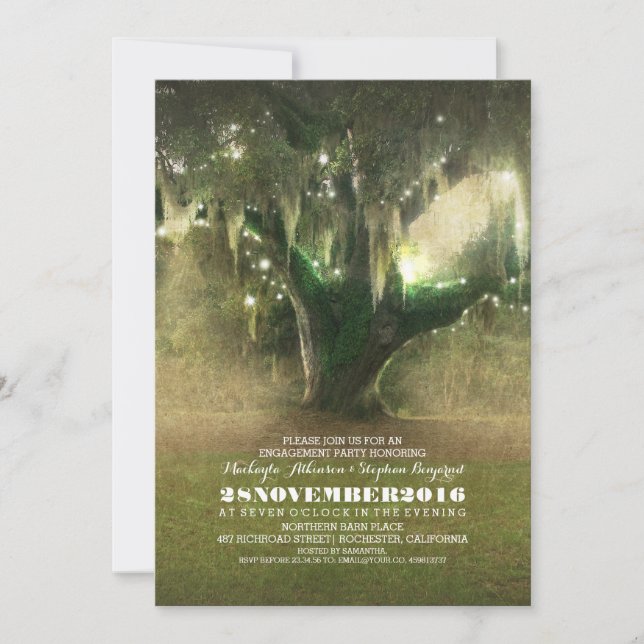 String of Lights Rustic Oak Tree Engagement Party Invitation (Front)