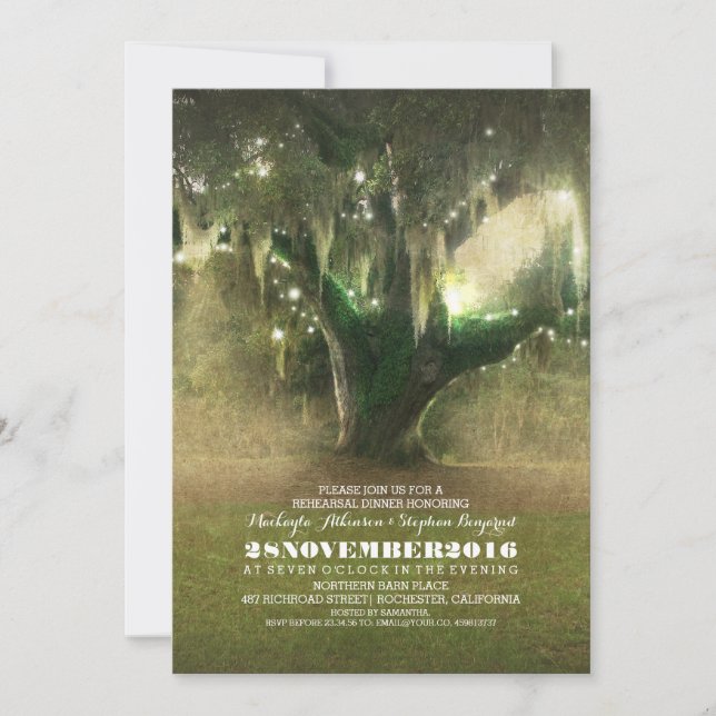 String of Lights Rustic Oak Tree Rehearsal Dinner Invitation (Front)
