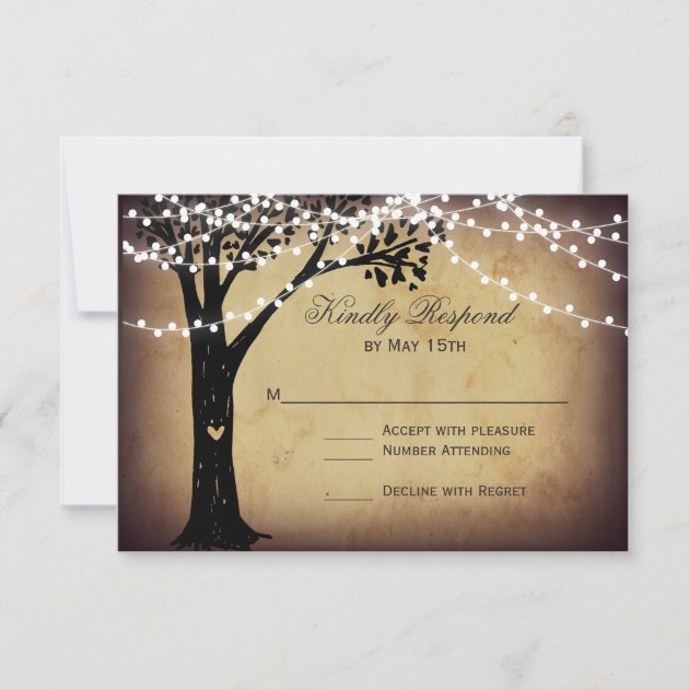 String Of Lights Rustic Oak Tree Wedding RSVP Card