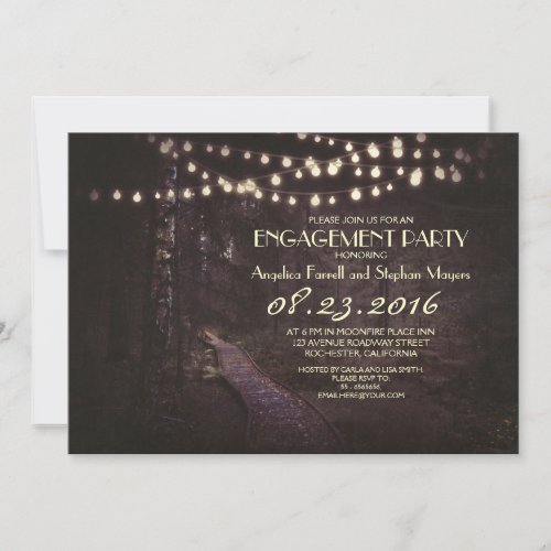 string of lights rustic trees engagement party cards