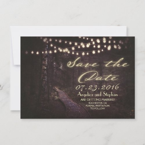 string of lights rustic trees save the date