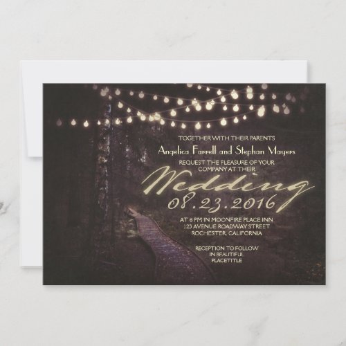 string of lights rustic trees wedding invitation