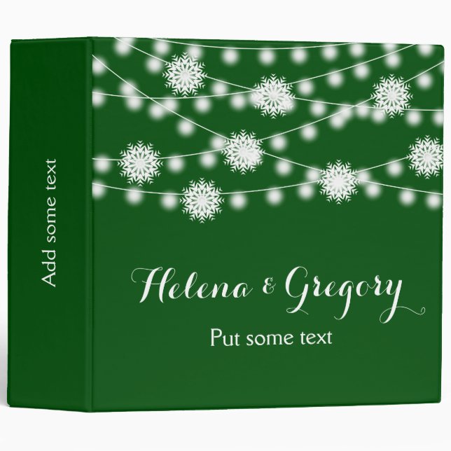 String of lights, snowflake green wedding planner binder (Front/Spine)