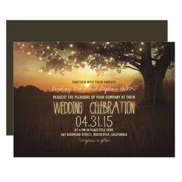 String Of Lights Sunset Tree Wedding Invitation