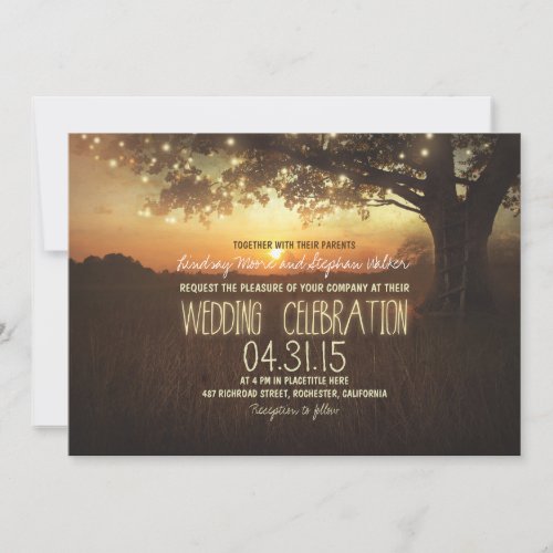 string of lights sunset tree wedding invitation 5" x 7" invitation card