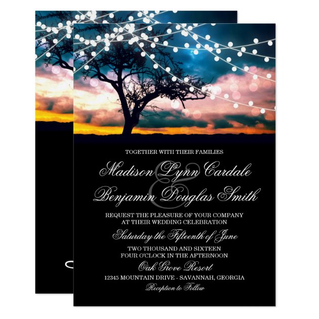 String Of Lights Tree At Sunset Wedding Invitation