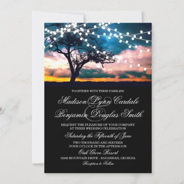 String of Lights Tree at Sunset Wedding Invitation (Front)
