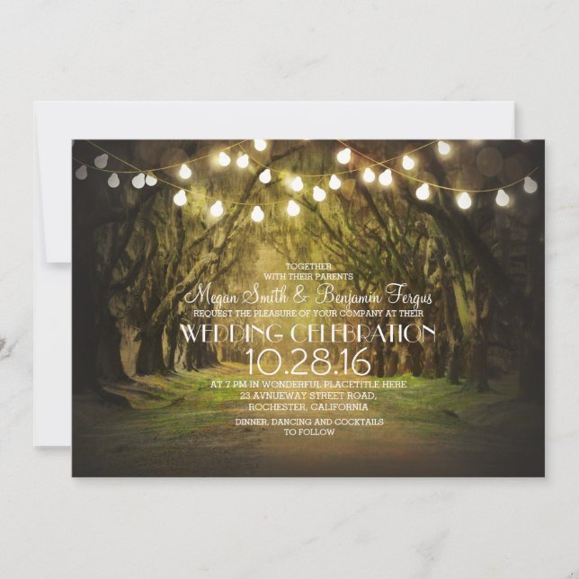 String of Lights Trees Path Rustic Wedding Invites (Front)