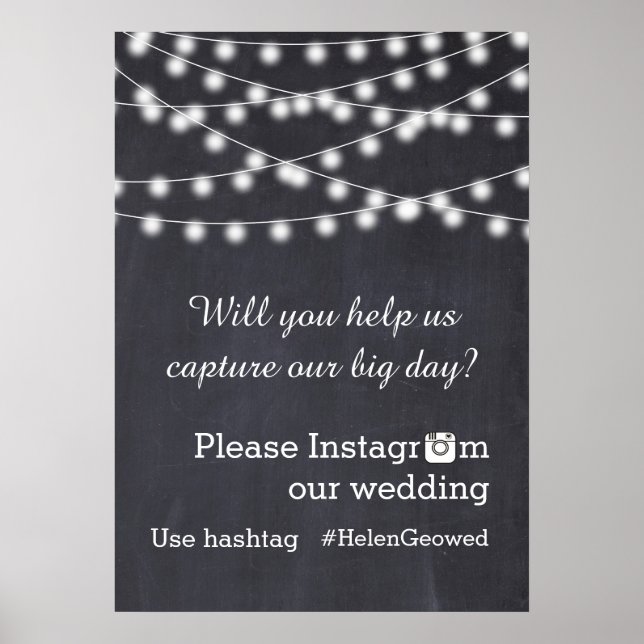 String of lights with Instagram hashtag wedding Poster (Front)