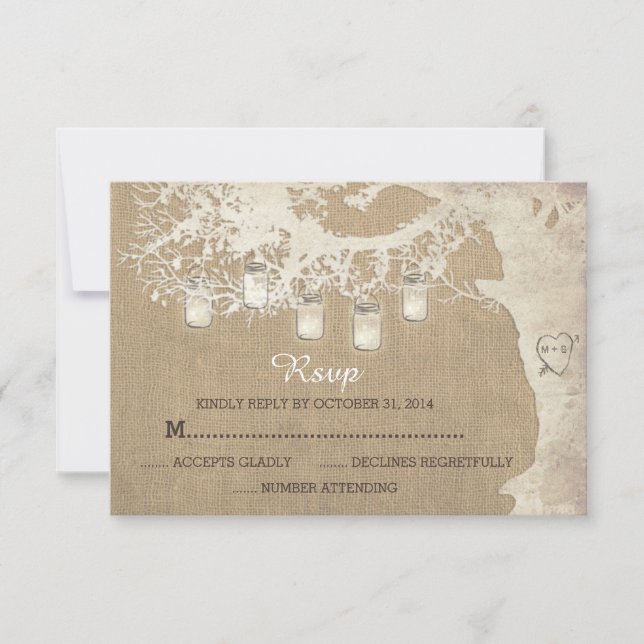String of Mason Jar Lights Rustic Burlap RSVP Card (Front)