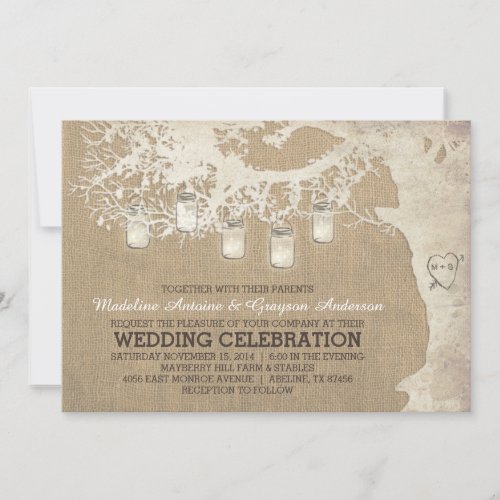 String of Mason Jar Lights Rustic Burlap Wedding Invitation