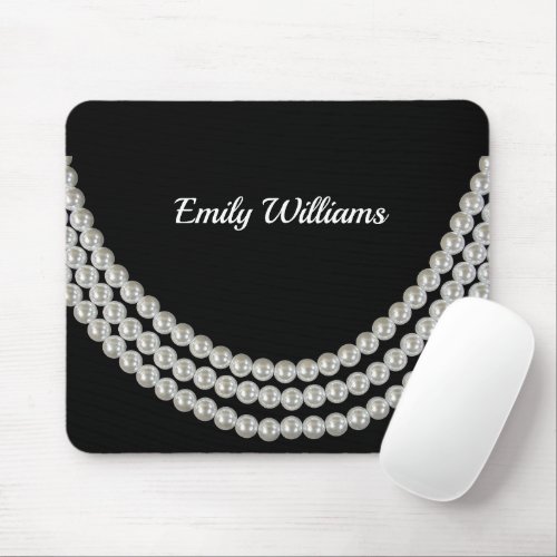 String of Pearls on black with name Mouse Pad