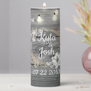 Stringed Lights Floral Wreath Rustic Wedding Pillar Candle